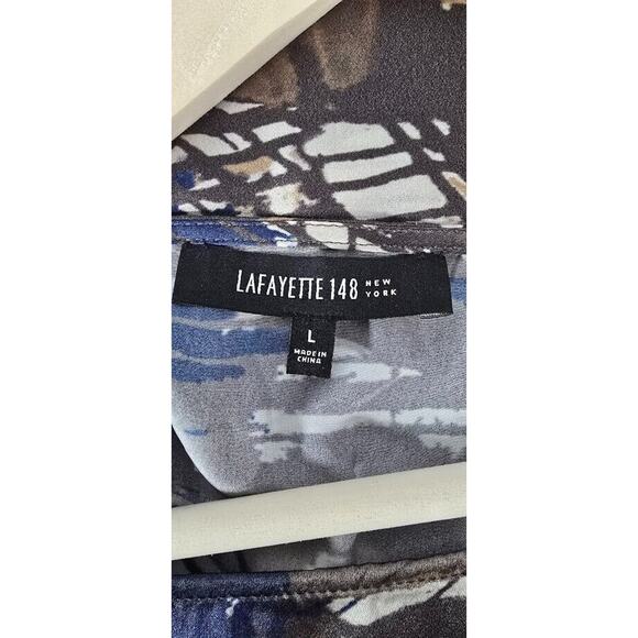 Lafayette 148 100% silk Brown, White & Blue long sleeve blouse size 14 large - Picture 5 of 6